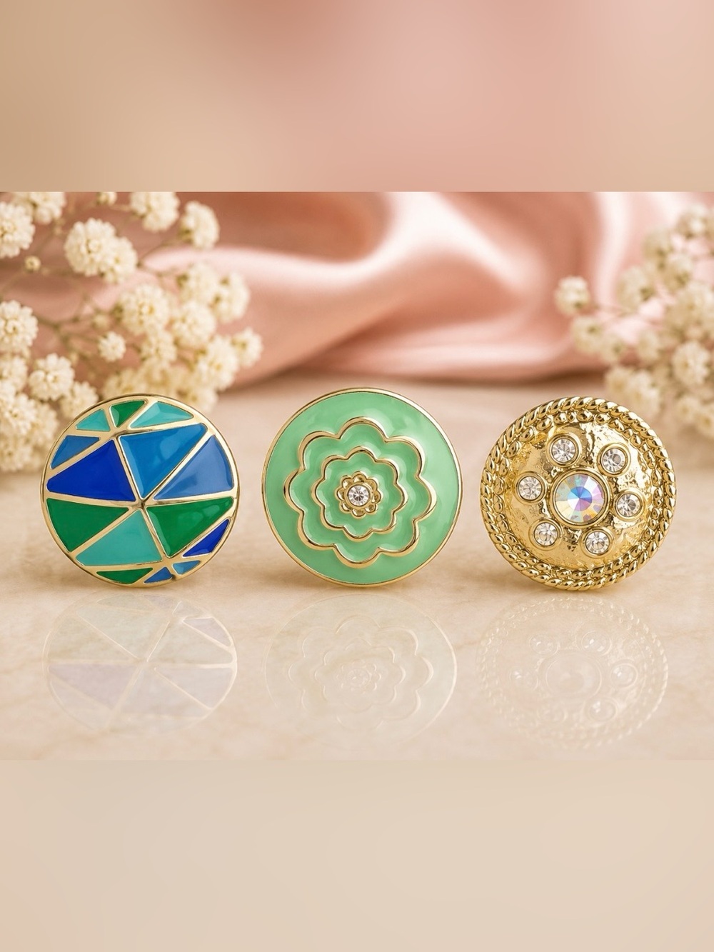Green Flower Snap Dot, Mint Green Dot & Gold with Rhinestone Dot